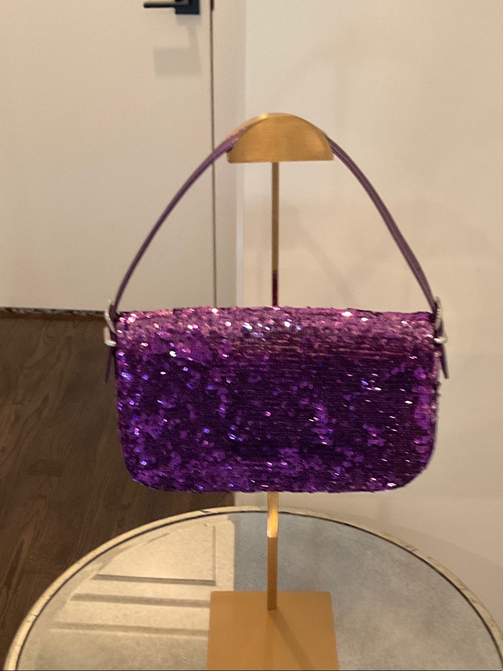Sequin Purple Shoulder Bag with Decorative Buckle - Picture 3 of 6